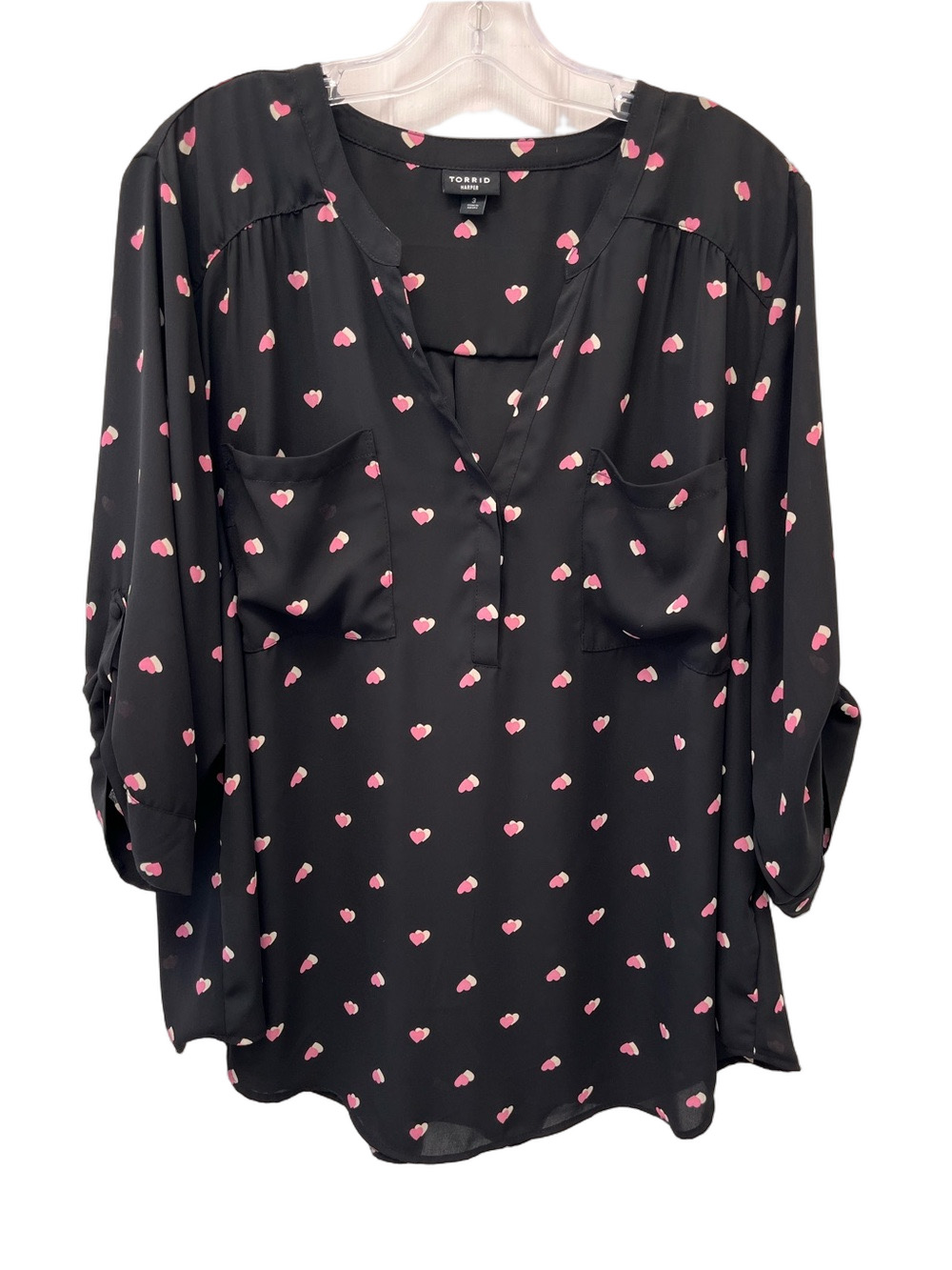 Torrid Harper Blouse 3X Black Pink Heart Print Popover 3/4 Roll Tab Top Office
